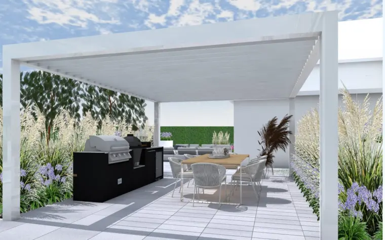 дизайн летней кухни 2022 под биоклиматическую беседку