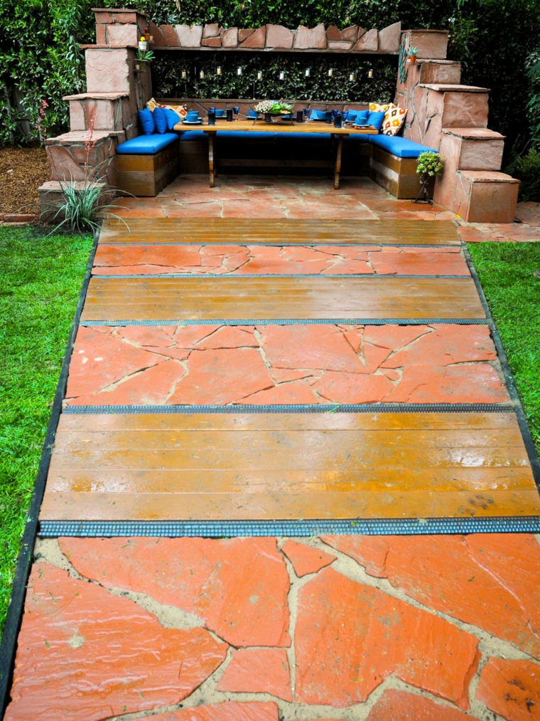 идея сада на открытом воздухе дизайн террасы уютная гостиная оранжевый синий декор